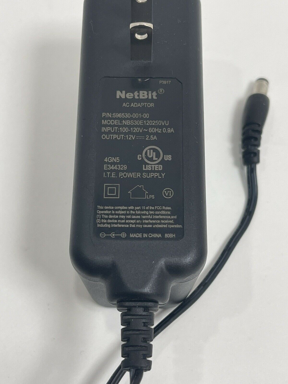 NetBit AC Adapter Model NBS30E120250VU 12V 2.5A P/N 596530-001-00 30W Brand: Ne